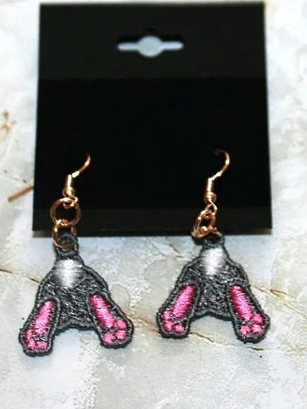 HANDMADE Earrings Bunny Butt Rabbit Embroidered Lace Pierced Pair Gray Pink